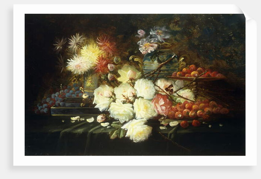 Still life with roses, chrysanthemums, grapes and strawberries by Modeste Carlier
