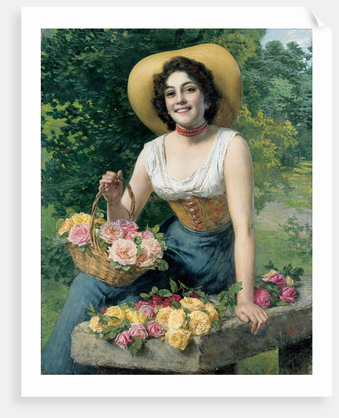 A beauty holding a basket of roses by Gaetano Bellei