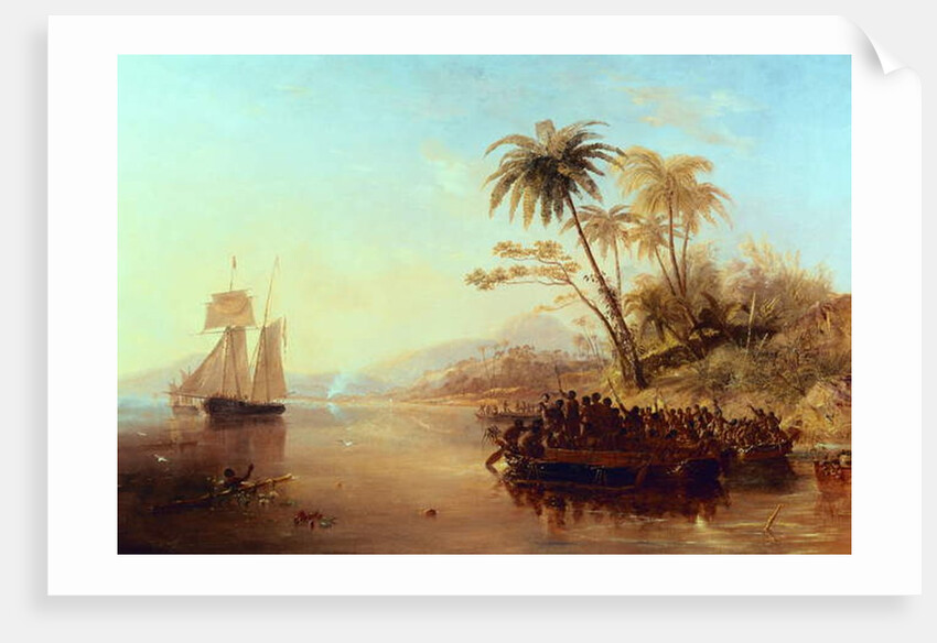 A British Surveying Ship in the South Pacific Greeted by Islanders in Outrigger Canoes, c.1840 by John Wilson Carmichael