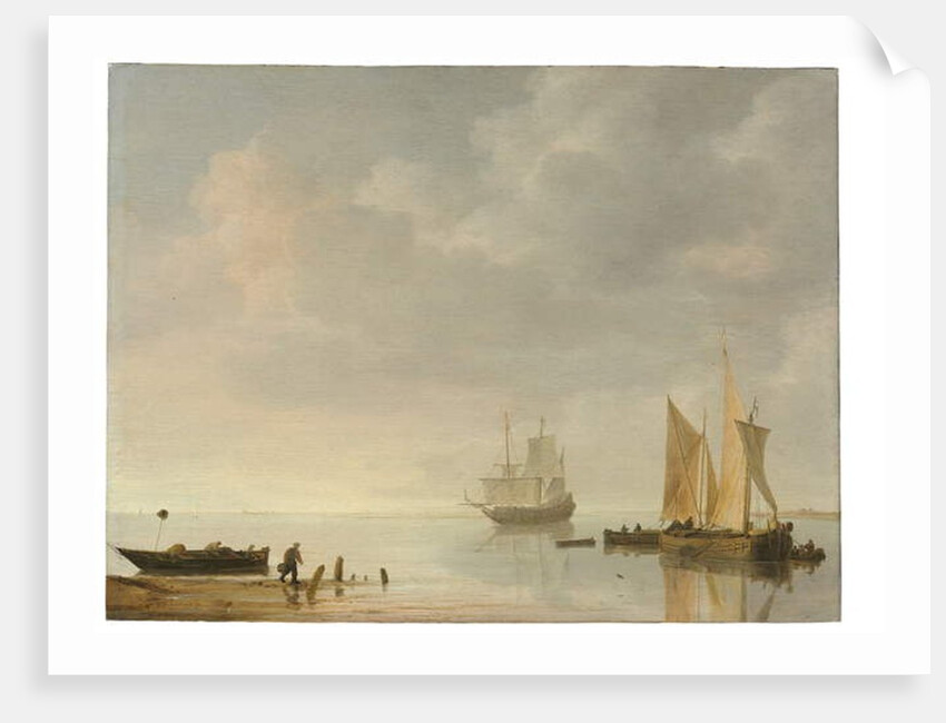 Coastal scene with ships resting on calm waters by Simon Jacobsz. Vlieger