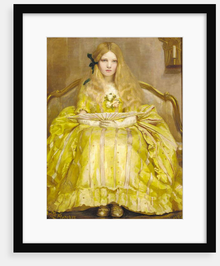 Portrait of a girl, small full-length, in a yellow dress, holding a fan, in an interior, 1903 by Margaret Fletcher