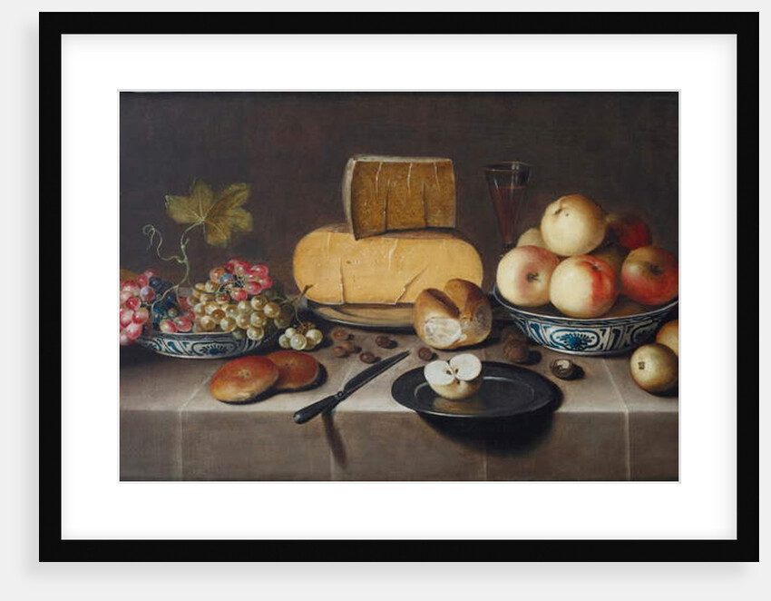 Cheese on a silver plate, red and white grapes and apples in porcelain Wanli bowls, bread rolls, a knife and a sliced apple on a plate, all on a draped table, 1626 by Roloef Koets