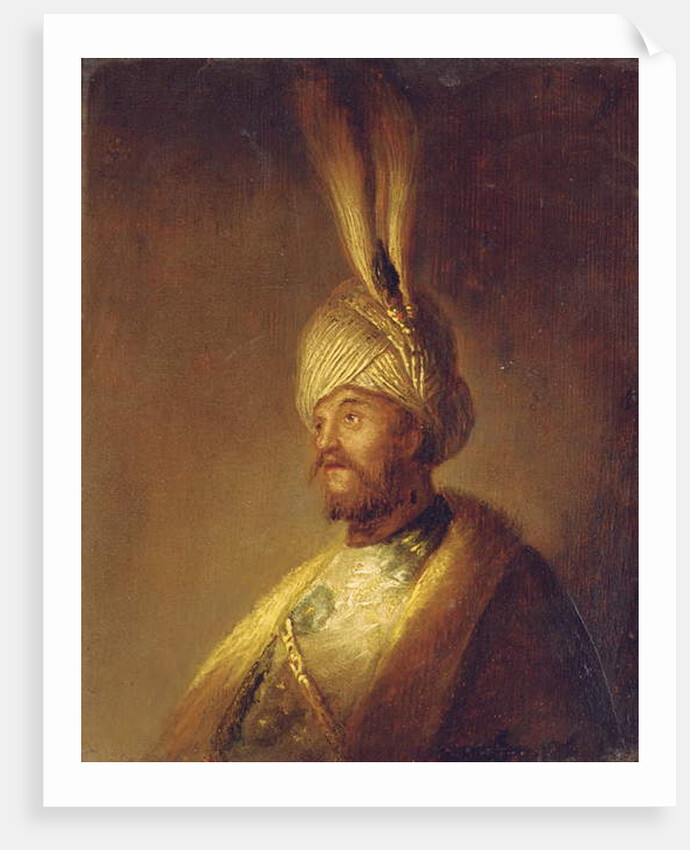 Portrait of a man, bust-length, in a turban with a feather by Gerrit or Gerard (follower of) Dou