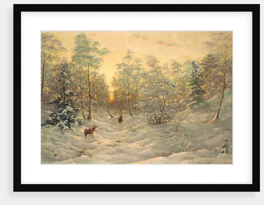Deer in a snowy landscape at dusk by Ivan Fedorovich Choultse