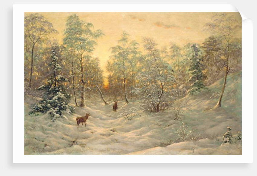 Deer in a snowy landscape at dusk by Ivan Fedorovich Choultse