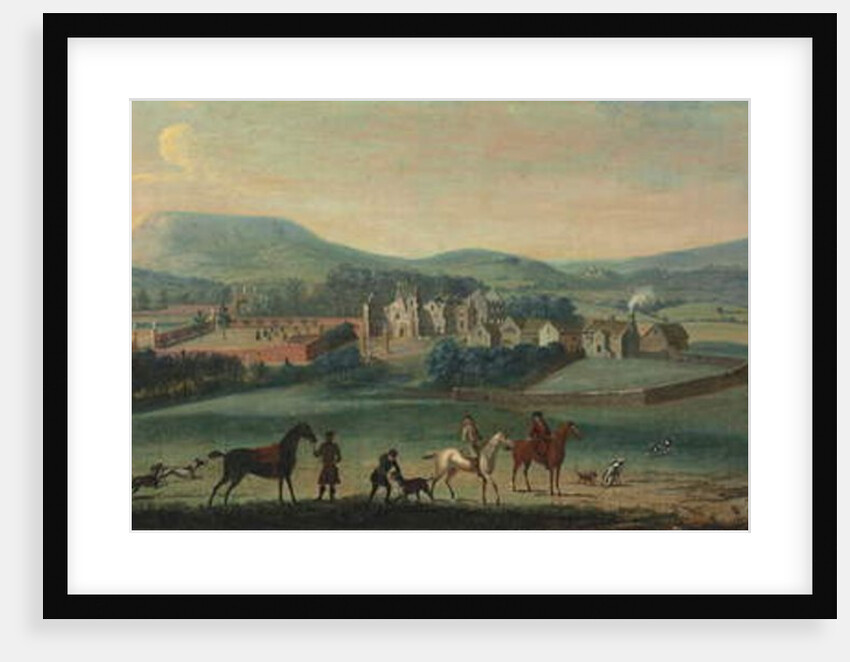 A view of the ruined Westby Hall, Yorkshire, with a hunting party in the foreground by Robert Griffier