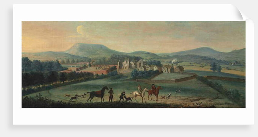 A view of the ruined Westby Hall, Yorkshire, with a hunting party in the foreground by Robert Griffier