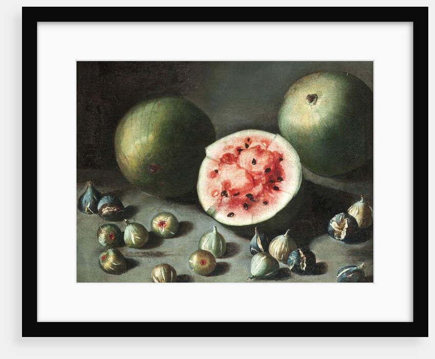 Watermelons and figs on a stone ledge by Neapolitan School