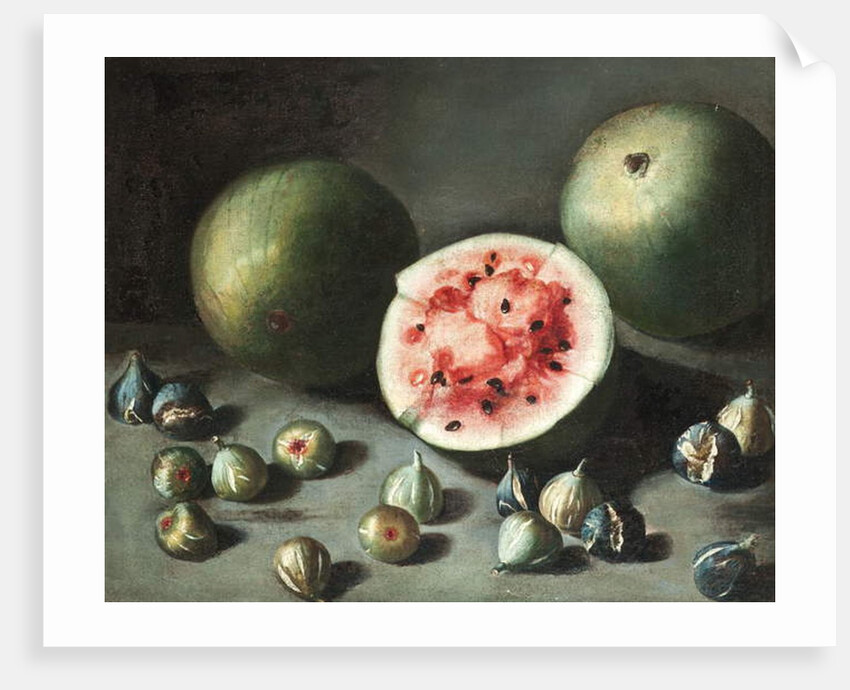 Watermelons and figs on a stone ledge by Neapolitan School