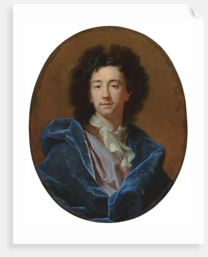 Portrait of the artist, bust-length, in a lace cravat and blue cloak by Hyacinthe Francois Rigaud