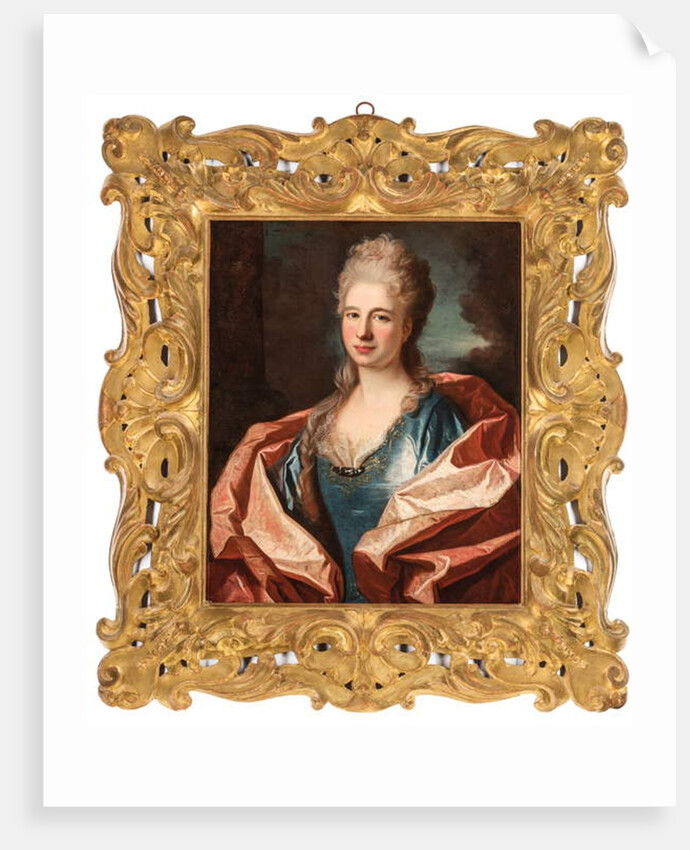 Portrait of a lady, bust-length, in a blue silk dress trimmed with lace and embroidered with gold thread by Jean Ranc