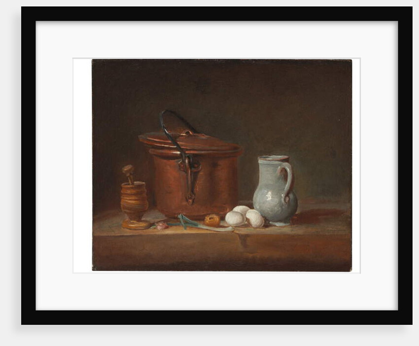 A copper saucepan, a pestle and mortar, a pitcher, a scallion, eggs and an onion on a shelf by Jean-Baptiste Simeon Chardin