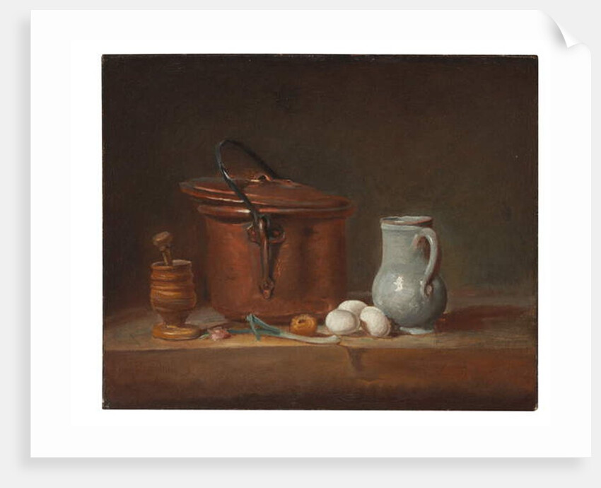 A copper saucepan, a pestle and mortar, a pitcher, a scallion, eggs and an onion on a shelf by Jean-Baptiste Simeon Chardin