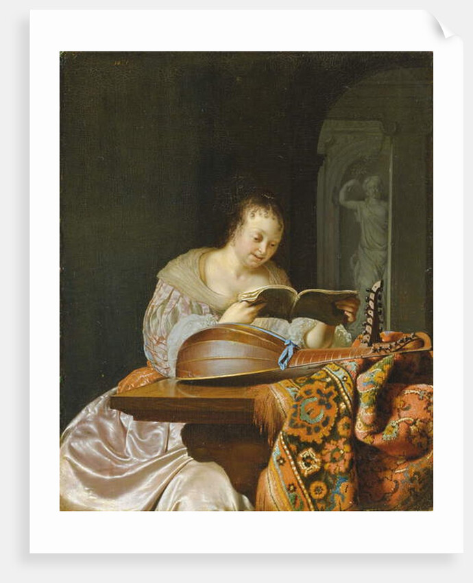 An interior with a woman reading music at a partially draped table with a double-head lute, 1671 by Frans van Mieris