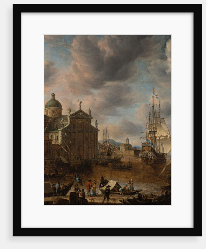 A Mediterranean 'capriccio' harbour with figures conversing on a quay and a Dutch three-master mooring beyond, 1665 by Jan Beerstraten