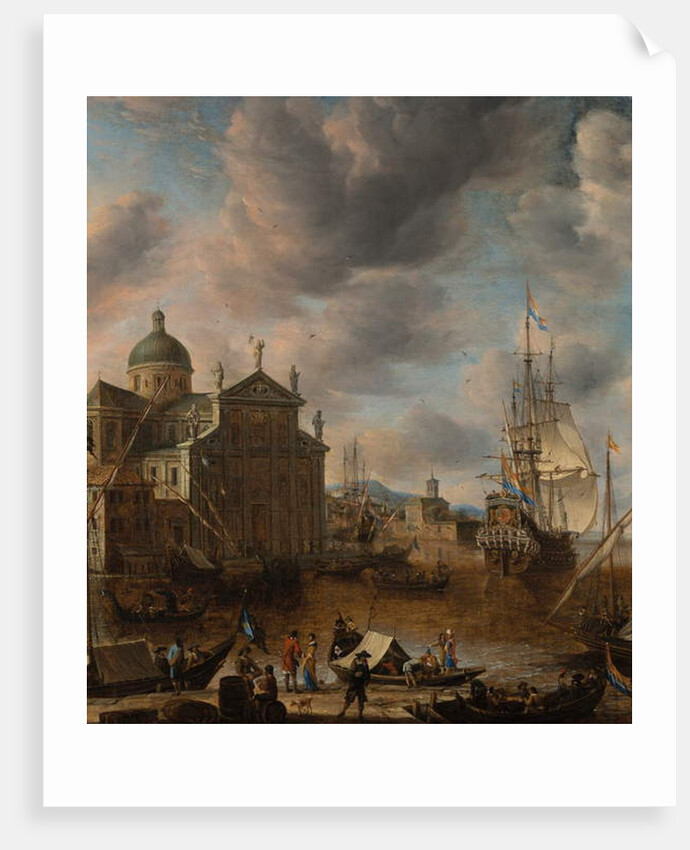 A Mediterranean 'capriccio' harbour with figures conversing on a quay and a Dutch three-master mooring beyond, 1665 by Jan Beerstraten