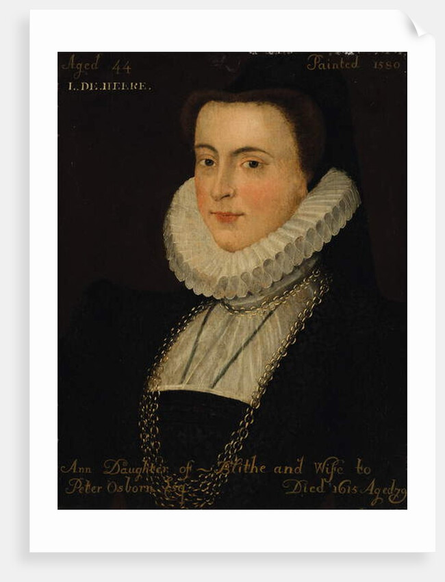 Portrait an Anne Blythe, wife of Peter Osborn, bust-length, in a black dress with a ruff and gold chain by English School