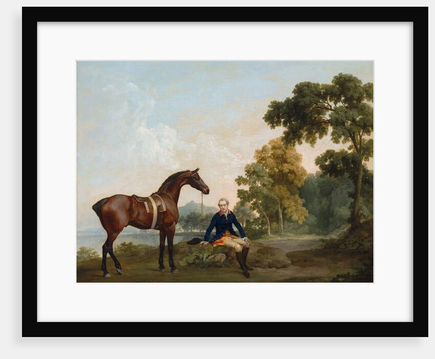 James Hamilton, 2nd Earl of Clanbrassil, with his bay hunter Mowbray, resting on a wooded path by a lake, 1765 by George Stubbs