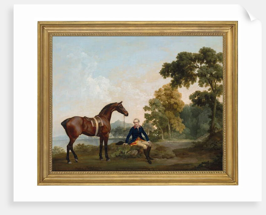 James Hamilton, 2nd Earl of Clanbrassil, with his bay hunter Mowbray, resting on a wooded path by a lake, 1765 by George Stubbs