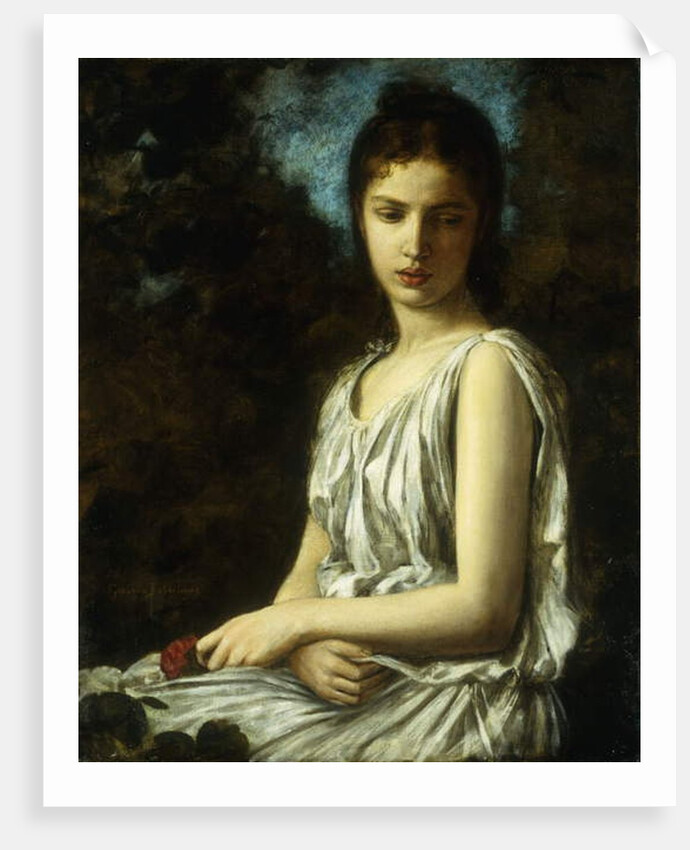 A young woman in classical dress, holding a red rose by Georges Bellanger