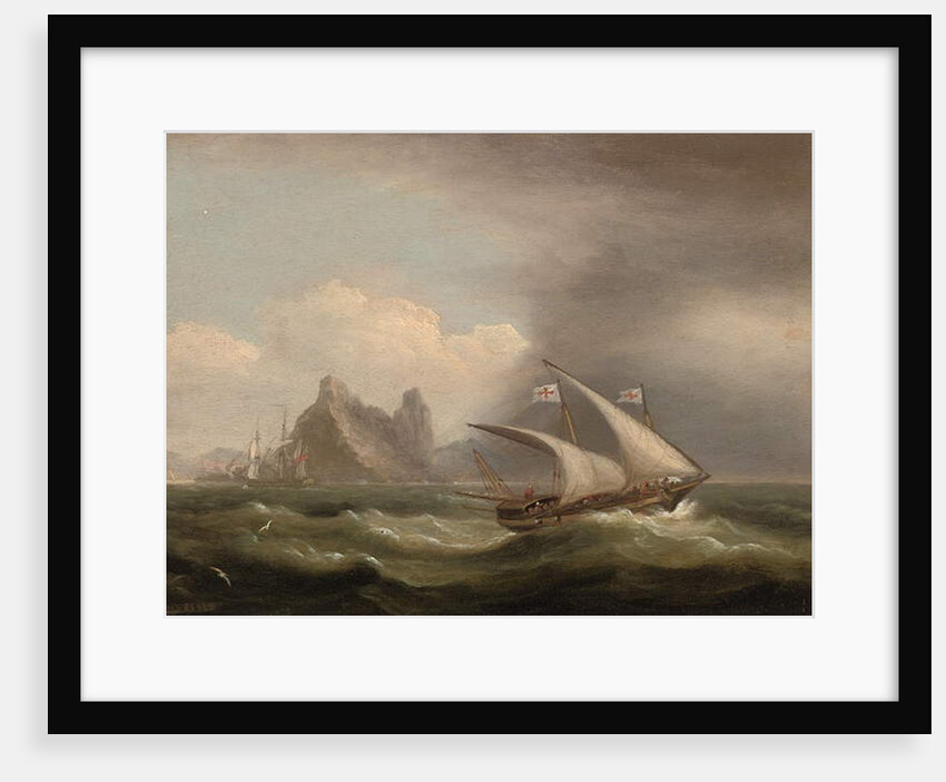 An armed Xebec in the Mediterranean, a British frigate off her stern and running past a rocky coastlibne, 1822 by Thomas Luny