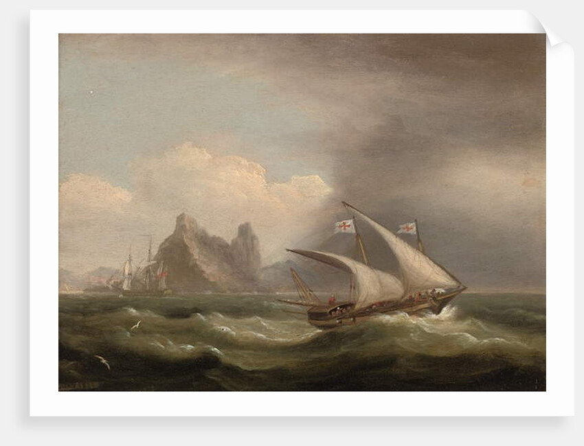 An armed Xebec in the Mediterranean, a British frigate off her stern and running past a rocky coastlibne, 1822 by Thomas Luny