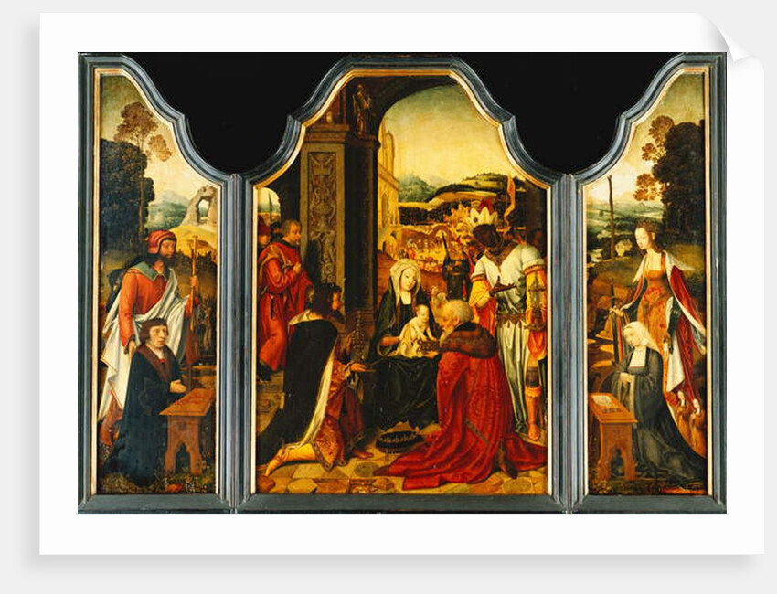 Triptych: Adoration of the Magi, with St. James presenting the donor and St. Catherine of Alexandria presenting the donor's wife and two daughters by Master of the Holy Blood