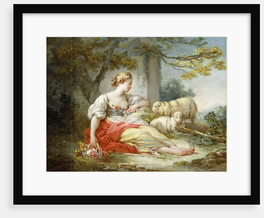 A Shepherdess Seated with Sheep and a Basket of Flowers Near a Ruin in a Wooded Landscape by Jean-Honore Fragonard