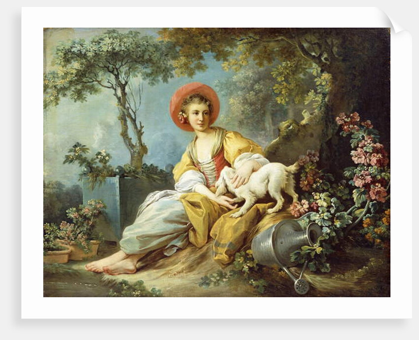 A Young Woman Seated with a Dog and a Watering Can in a Garden, by Jean-Honore Fragonard