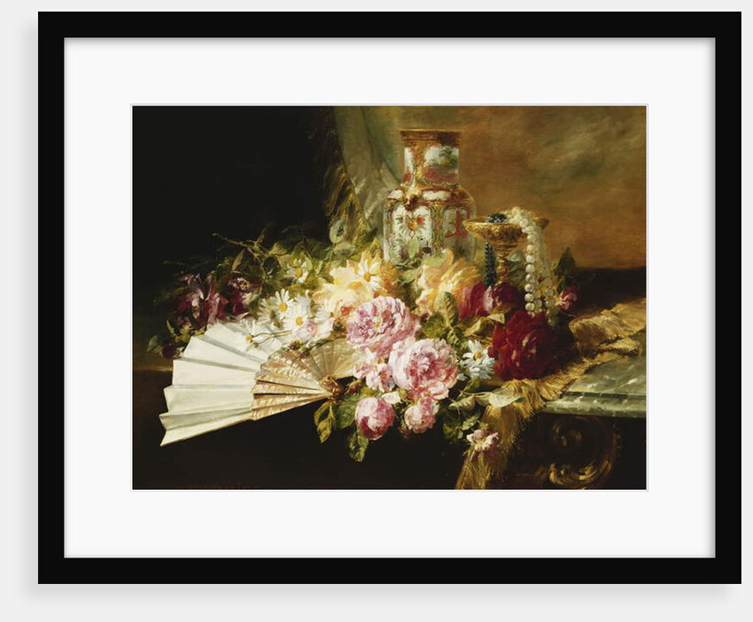 A Fan with Roses, Daisies and a Famille Rose Vase on a Draped Table, 1881 by Pierre Garnier
