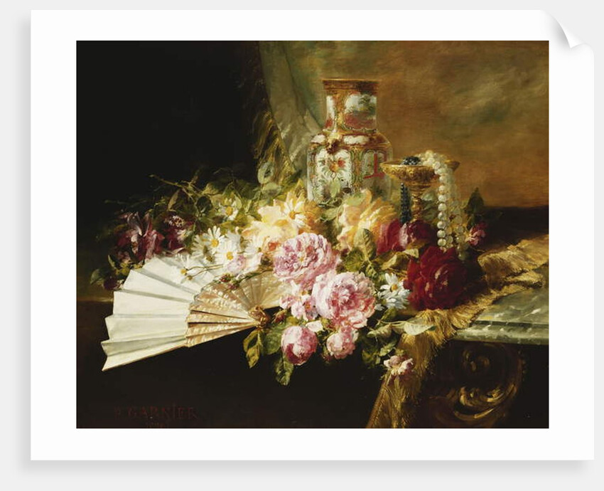 A Fan with Roses, Daisies and a Famille Rose Vase on a Draped Table, 1881 by Pierre Garnier