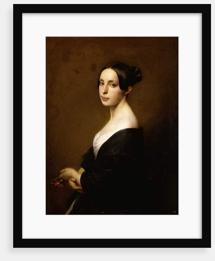 Portrait of a Lady, Half Length Wearing a Black Dress and Holding a Carnation by Hermann Winterhalter