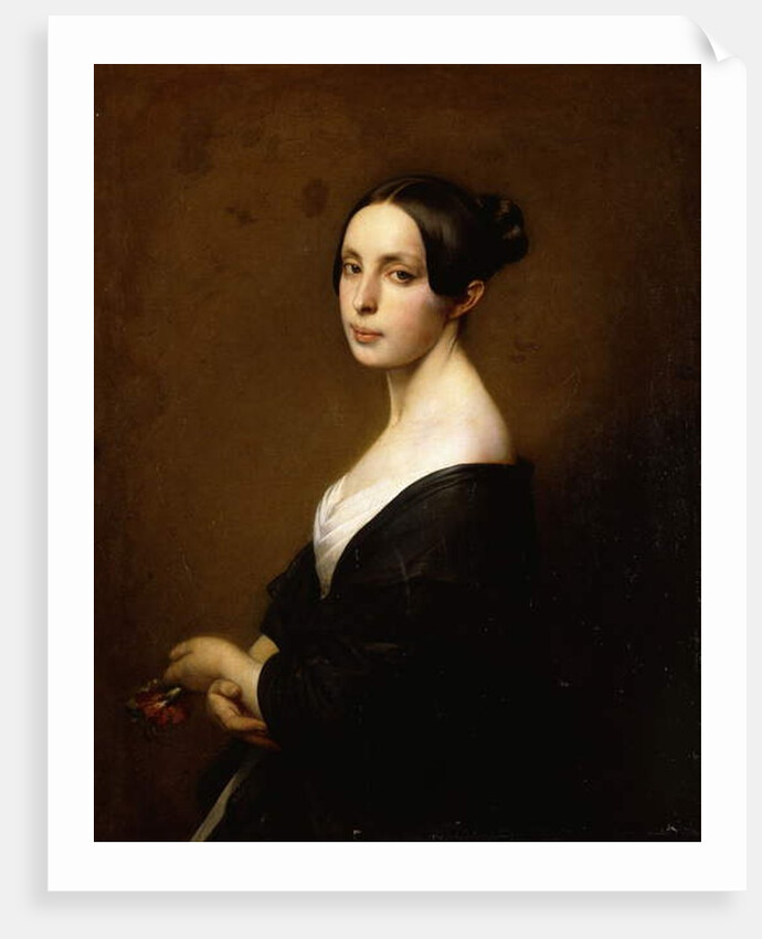 Portrait of a Lady, Half Length Wearing a Black Dress and Holding a Carnation by Hermann Winterhalter