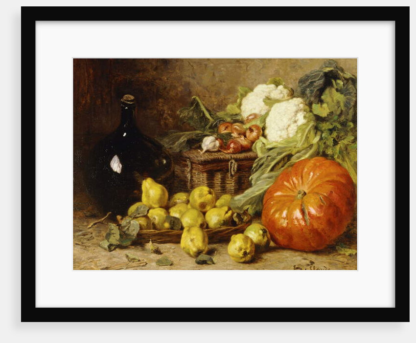 A Still Life with a Wine Flagon, a Basket, Pears, Onions, Cauliflowers, Cabbages, Garlic and a Pumpkin by Eugene Claude