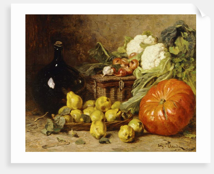 A Still Life with a Wine Flagon, a Basket, Pears, Onions, Cauliflowers, Cabbages, Garlic and a Pumpkin by Eugene Claude