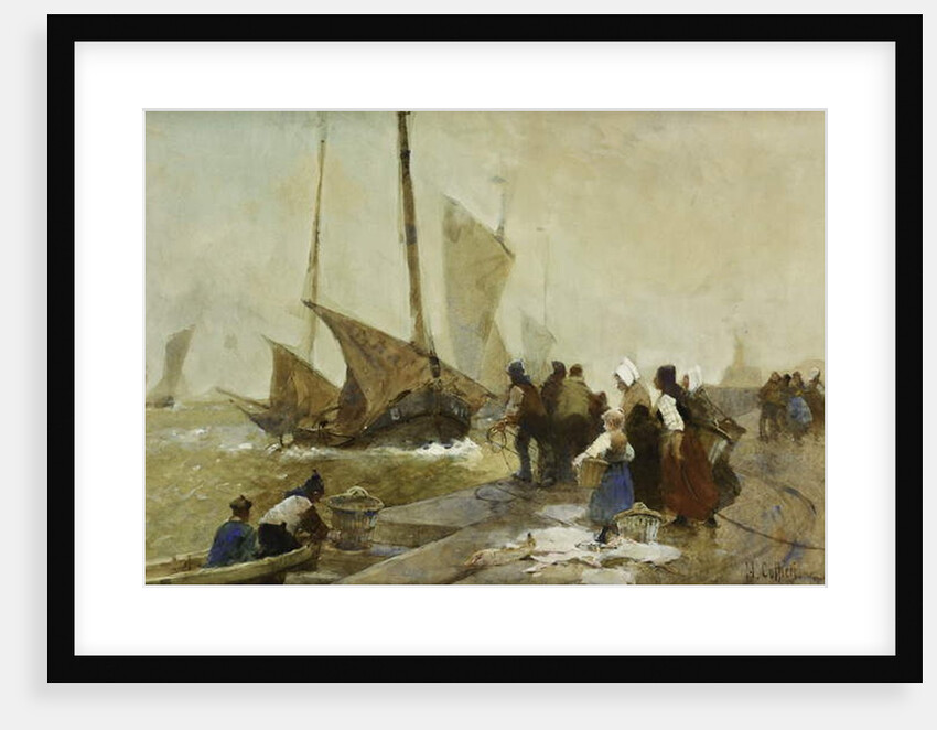 A Busy Quayside in Brittany with Fishing Boats Returning by Hector Caffieri