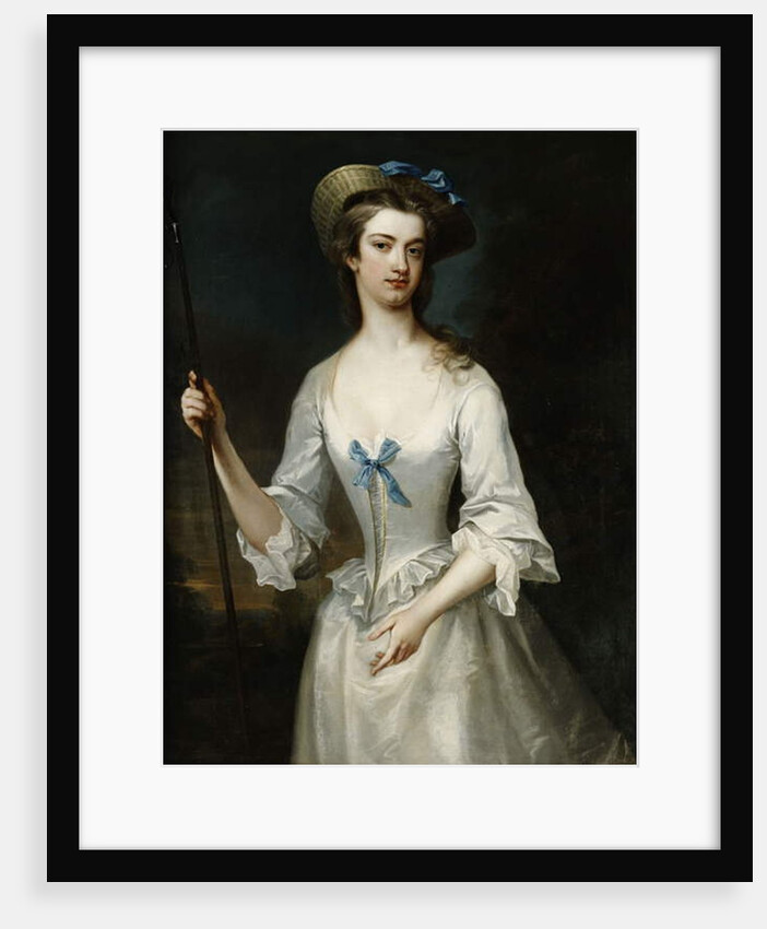 Portrait of a Lady, Possibly the Duchess of Ancaster, Three-Quarter Length, as a Shepherdess, in a White Satin Dress and Bonnet, in a Landscape by Charles Jervas