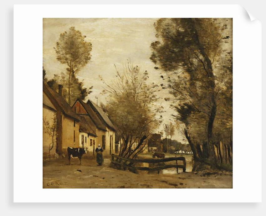 Flesselles, Street with Peasant and Cow; Flesselles, une Rue avec une Paysanne et sa Vache, c.1862-1865 by Jean Baptiste Camille Corot