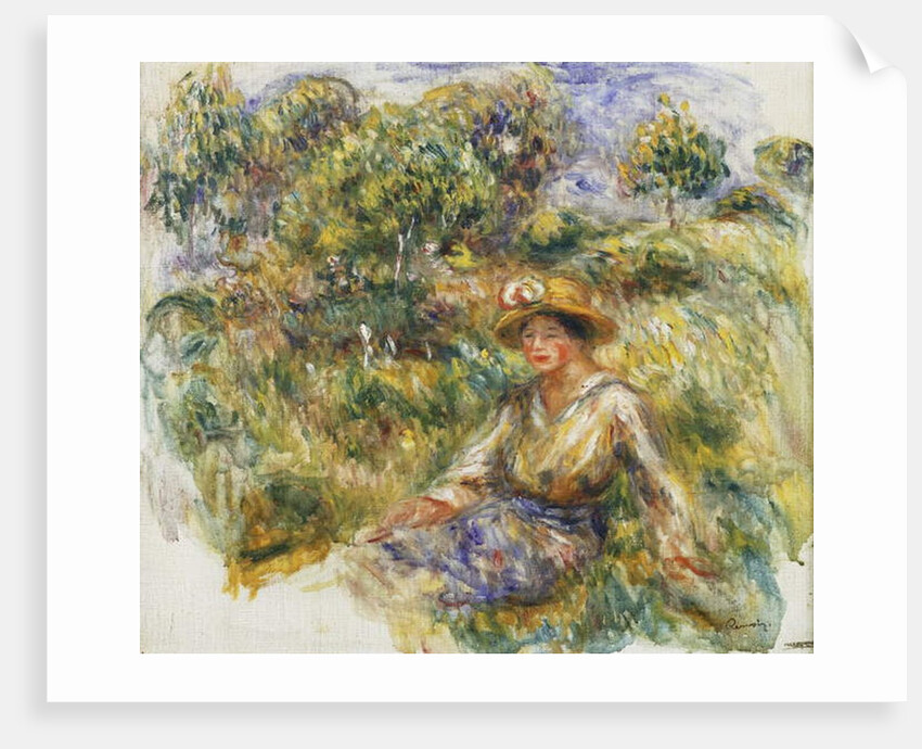 Woman in a Blue Hat sitting on the Grass; Femme en Bleu en Chapeau assise Sur l'Herbe, c.1916 by Pierre Auguste Renoir