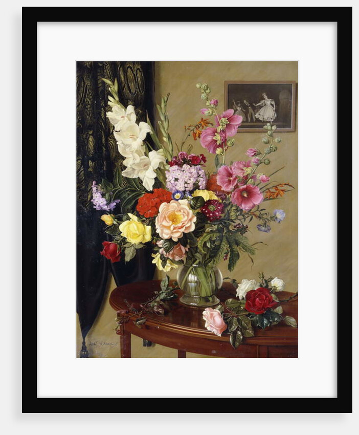 Still Life with Gladioli, Roses and Hollyhocks before an Embroidered Curtain by Albert Williams