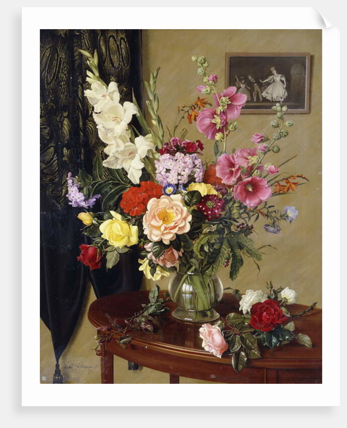 Still Life with Gladioli, Roses and Hollyhocks before an Embroidered Curtain by Albert Williams