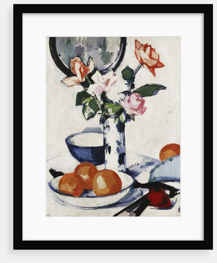 Pink and Tangerine Roses in a Blue and White Beaker Vase with Oranges in a Bowl and a Black Fan, c. 1924 by Samuel John Peploe