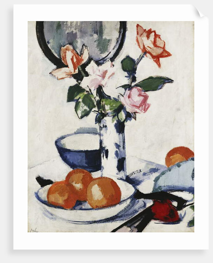 Pink and Tangerine Roses in a Blue and White Beaker Vase with Oranges in a Bowl and a Black Fan, c. 1924 by Samuel John Peploe