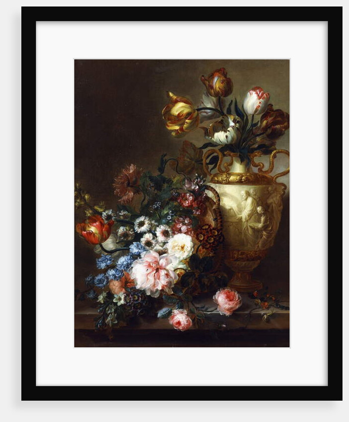 Tulips in a Vase and Roses in a Basket on a Stone Ledge by Ange-Louis-Guillaume Lesourd-Beauregard
