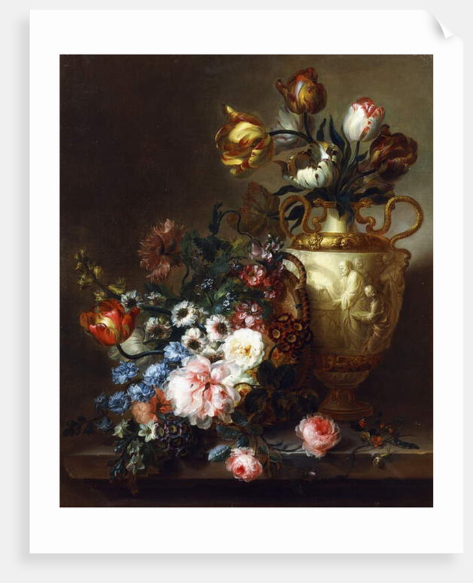 Tulips in a Vase and Roses in a Basket on a Stone Ledge by Ange-Louis-Guillaume Lesourd-Beauregard