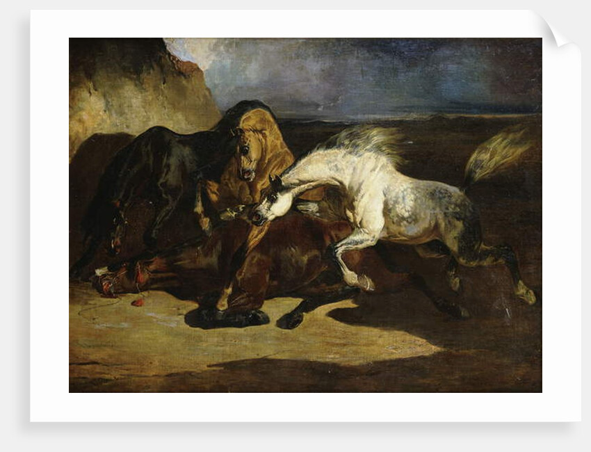 Stallions Fighting in a Stormy Landscape by Alfred Dedreux or de Dreux
