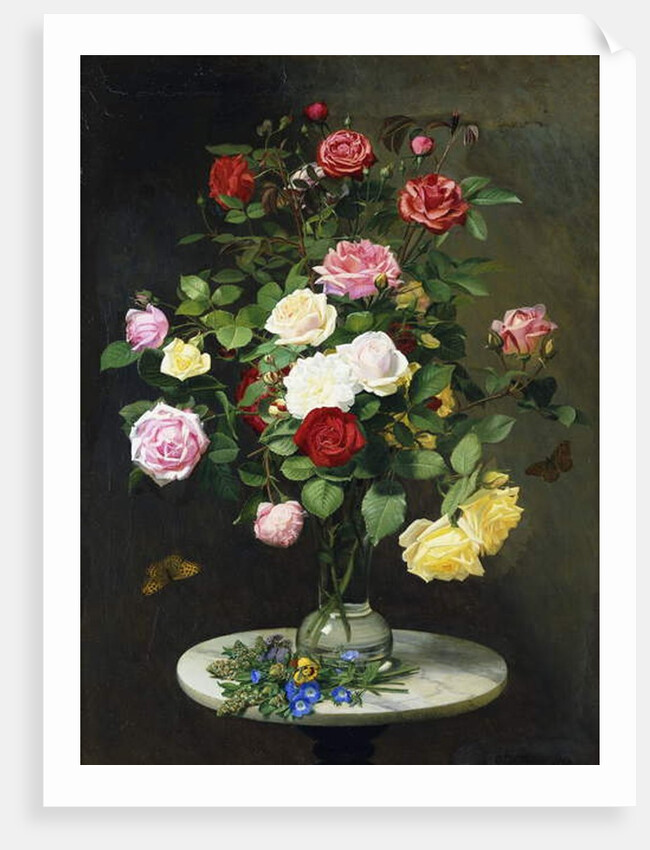 A Bouquet of Roses in a Glass Vase by Wild Flowers on a Marble Table, 1882 by Otto Didrik Ottesen