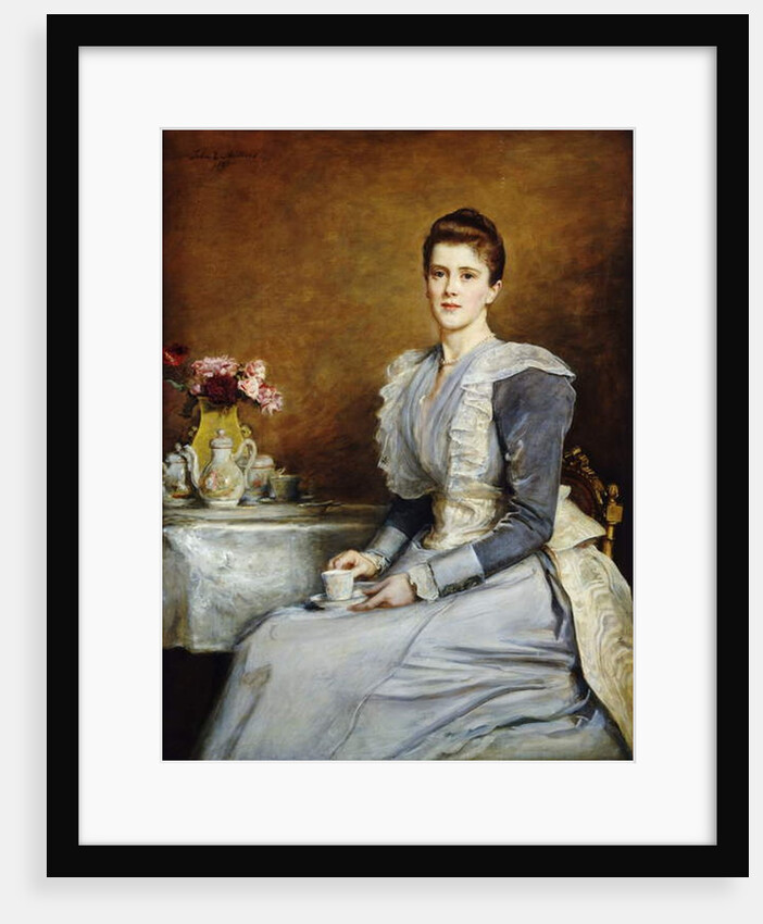 Portrait of Mrs. Joseph Chamberlain, seated three-quarter length at a tea-table, wearing a grey and white dress, 1891 by John Everett Millais