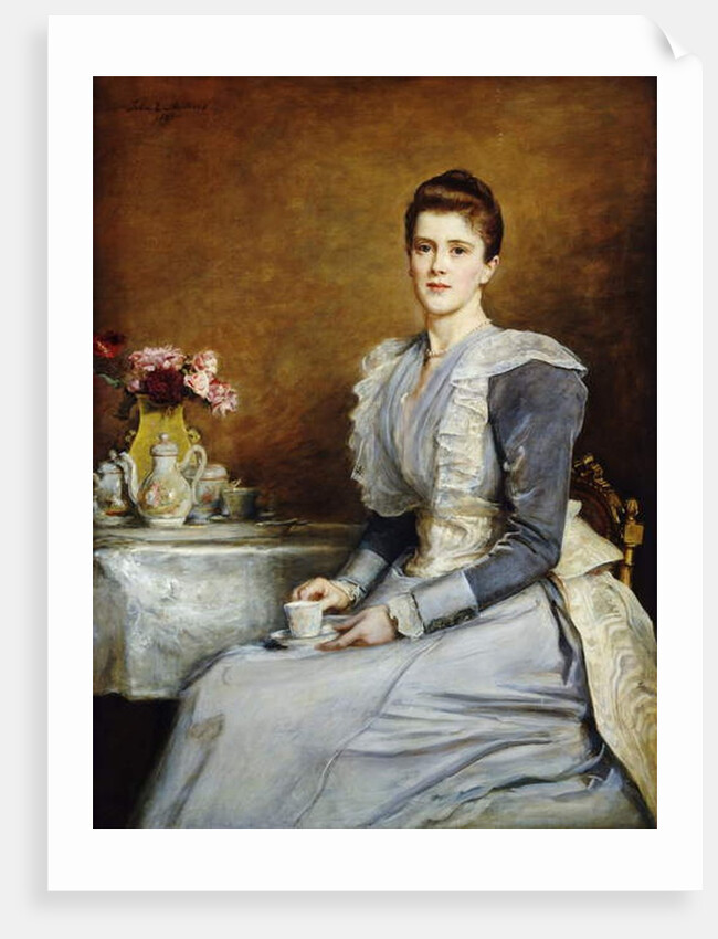 Portrait of Mrs. Joseph Chamberlain, seated three-quarter length at a tea-table, wearing a grey and white dress, 1891 by John Everett Millais