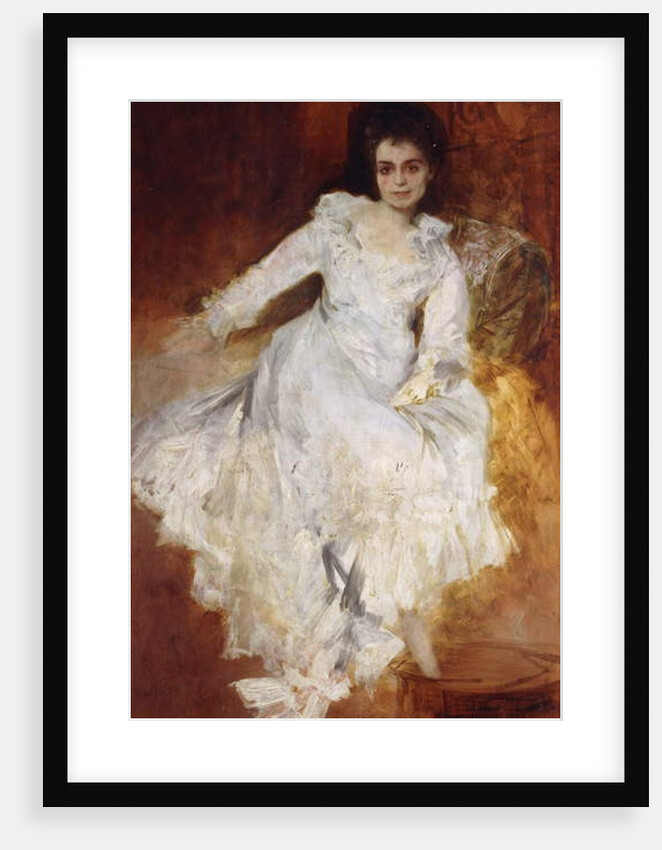 Portrait of a Lady Wearing a White Dress Reclining on a Sofa by Hans Makart
